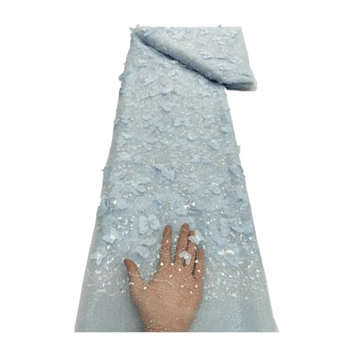 Tissu fleurs 3D pour robe de mariée bleu avec paillettes et perles de 5 Yards