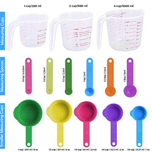 Plastic Measuring Cups And Spoons Set 14 Piece. Includes 11 Colorful Measuring Cups And Spoons Set And 3 Plastic Liquid Measuring Cups. Nesting Measuring Set For Space Saving Storage. Dishwasher-Safe #TOP1