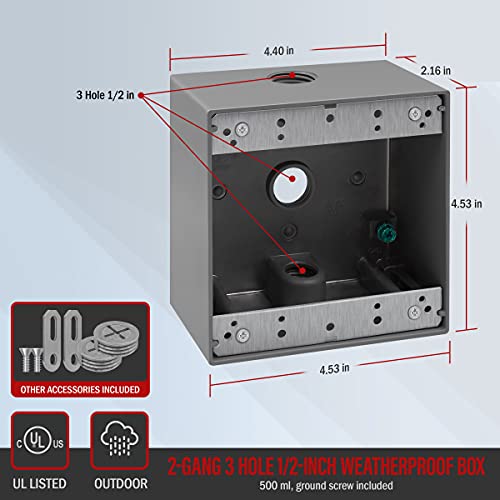 Enerlites Weatherproof Outlet Box With Three 1/2-In Threaded Outlets, Outdoor Electrical Box, 3 Holes 0.50” Each, 2-Gang, 4.53” Height X 4.53” Length X 2.16” Depth, En2350,Grey #TOP1