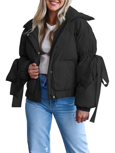 Tankaneo Womens Bow Puffer Jacket Winter Warm Cropped Quilted Jackets Baggy Short Down Coats