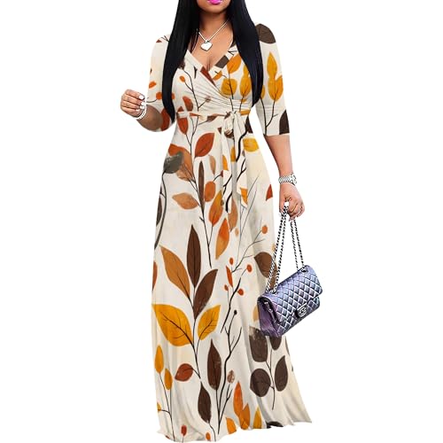 Womens Leaf Print Dress Summer Casual 3/4 Sleeve Wrap V Neck Loose Flowy  Floral Print Beach Swing Long Maxi Dresses with Belt S at Amazon Women's  Clothing store