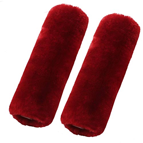 Image of 2 Pack Red Sheepskin Car Seat Belt Cover Pads | Soft Wool Seatbelt Cushions