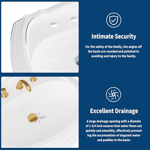 20 x 26 Inch Bathroom Pedestal Sink, Classic Freestanding Ceramic Sink with Overflow Hole, Vintage White Bathroom Sink with 3 Pre-Drilled Holes for 8 Inch Faucets