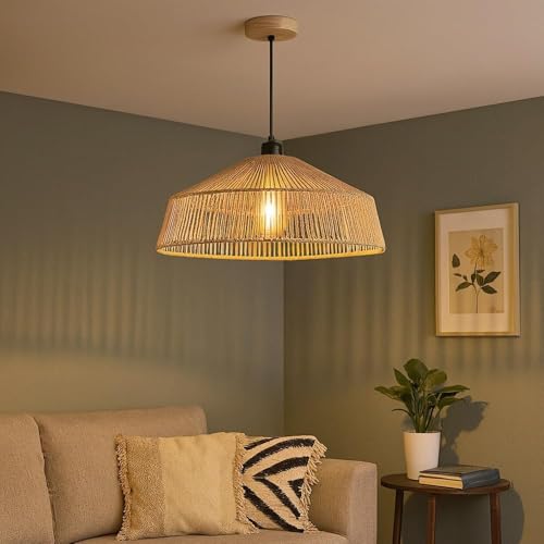 TEKHOME Lampadario a Sospensione in Stile Boho 40/50cm, Paralume in Rattan/Filo di Corda, Attacco E27, Altezza Regolabile, Illuminazione per Cucina Soggiorno Sala da Pranzo – Naturale LP-48 (G 50CM)