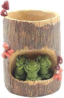 REBORNGOD Creative Tree Hole Story Cute Animal Flower Pot Mini Round Succulent Plant Drainage Resin Flower Pot Hedgehog Theme Home Interior Office Decoration Resin Craft Flower Pot (Frog)