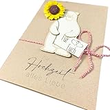 the lazy panda card company Handgemachte Hochzeitskarte mit Holzbär, Schnur und Papier-Sonnenblumen Karte Hochzeit