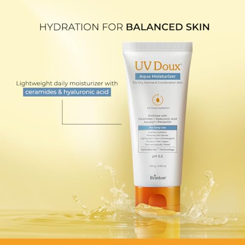 Image of Brinton UV Doux Aqua Moisturizer for 48-Hour Hydration | With Aquaxyl, Pentavitin, Ceramides & Hyaluronic Acid | Deep Moisture, Restores Skin Barrier & Reduces Dryness | 100 g x 3