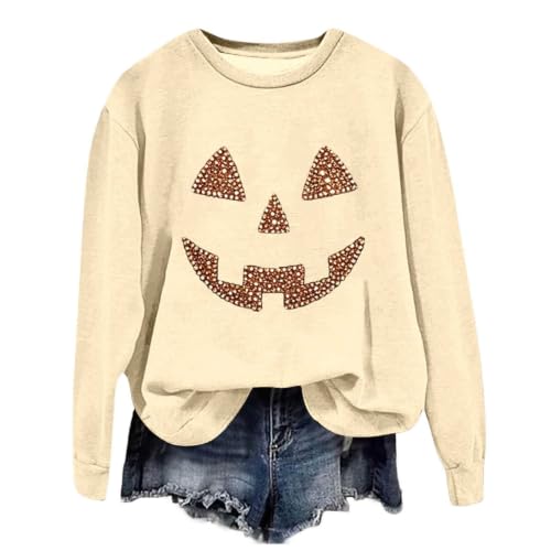 Halloween Womens Sweatshirt Funny Rhinestone Pumpkin Face Sweatshirts Crew Neck Long Sleeve Spooky Season Pullover - image 5