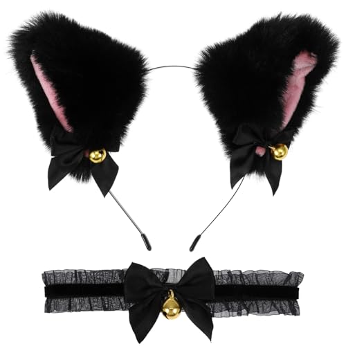 SOLUSTRE Animal Faux Fur Cat Ears Headband with Bells Lovely Black Lace Necklace Collar Perfect Couple Flirting Petplay Kit Set for Halloween Cosplay Party Women Girls Adult