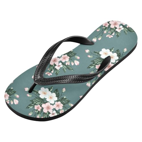 Sinestour Cherry Blossom Leaf Teal Flip Flops for Beach Thong Sandals Anti-slip Lightweight Beach Slippers for Summer Swim Travel2