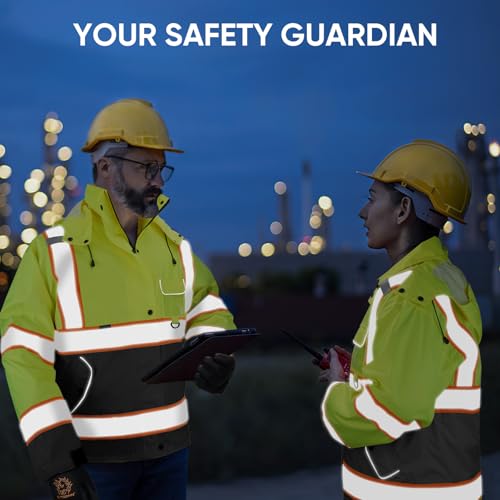 Image of TICONN Reflective Rain Jacket, Waterproof ANSI Class 3 Hi Vis Safety Coat | PU Coating Rain Coat, 360 Reflective Strips, Adjustable Cuffs, Large Utility Pockets, Fits Men and Women