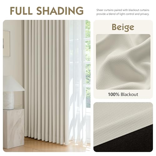 Image of FMFUNCTEX 100% Blackout Curtains for Bedroom, Beige Back Tab Curtain 72 Inch Length Drapery Thermal Insulated Curtains for Living Room, Black Out Drapes Rod Pocket Room Darkening 2 Panels