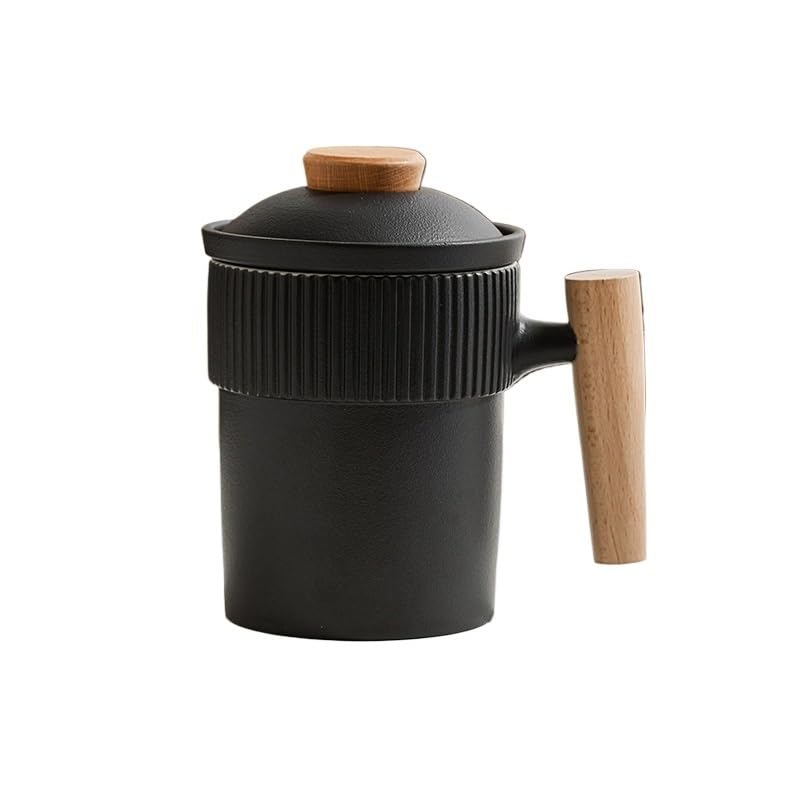 Tasse à thé Tasse à thé en céramique jaune crème, simple et personnalisée, avec poignée en bois et couvercle filtrant Récipient de trempage(C)