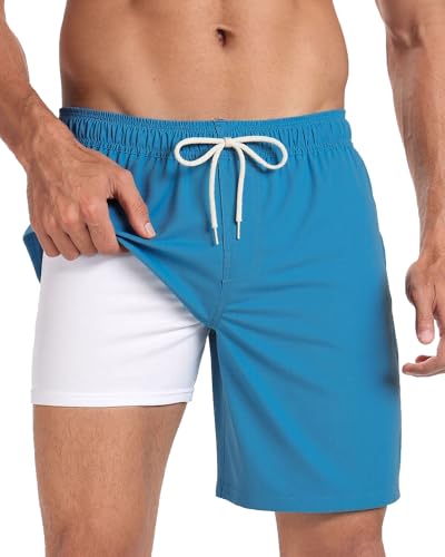 Image of Mens Swim Trunks with Compression Liner 2 in 1 Quick Dry Swimming Shorts Swimwear Bathing Suits with Pockets, 7 Inch-Pure Blue,L