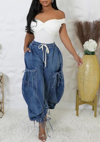 Unybwonn Women Baggy Barrel Jeans High Waisted Y2k Drawstring Bow Tie Cargo Jean Retro Wide Leg Ankle Denim Joggers3