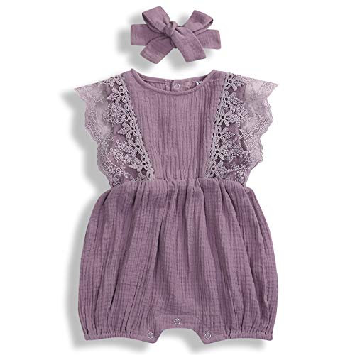 KCSLLCA Baby Girls Lace Romper Set Ruffle Sleeve Solid, Purple, Size 0-6 Months