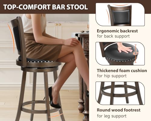Butacos Giratorios PrimeZone, Altura de Barra 30 Pulgadas, Asiento Acolchado en Cuero Sintético Negro y Espalda Alta, Estructura de Madera de Caucho Sólida con Reposapiés, para Pub o Isla de Cocina – Juego de 2 miniatura 5