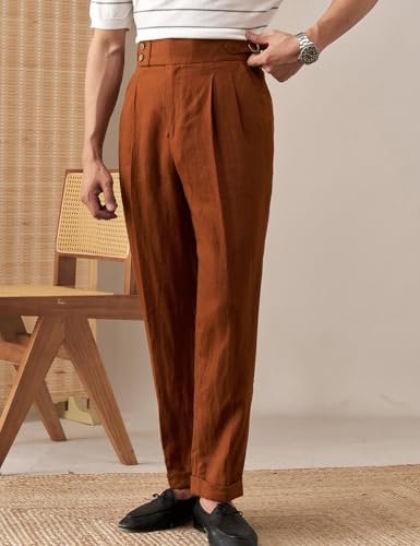 Men's Linen Casual Pant Italian Style Adjustable High Waist Pants Beach Summer Trousers Rolled Pants4