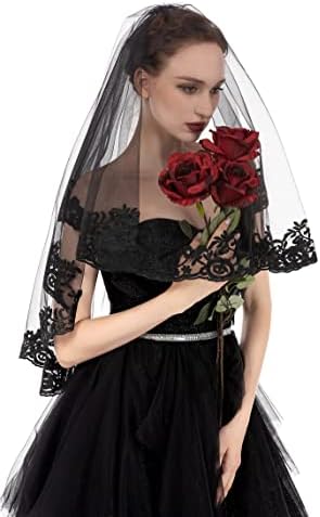 PAMOR Black Lace Veil Creative Mantilla Cathedral Tulle Sheer Wedding Halloween Veil for Bride With Comb