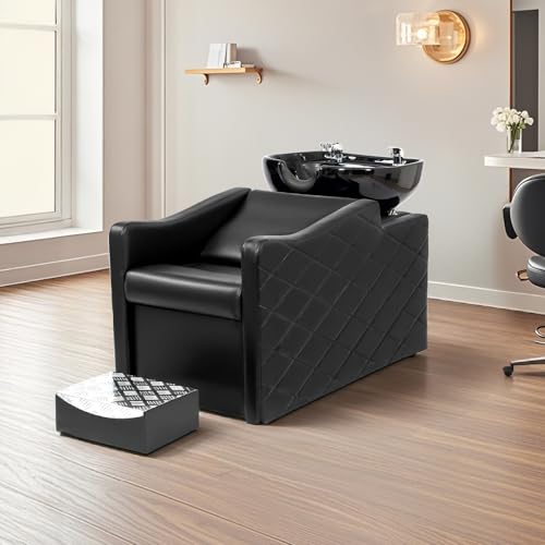 OmySalon Shampoo Bowl and Chair Set for Salon, Commercial Grade Porcelain Backwash Unit with Independent Footrest & Vacuum Breaker for Barbershop & Beauty Spa