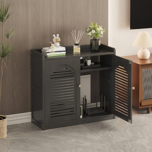 MiluFox ルーター 収納ボックス 木製 配線 隠す コンセント コード 整理 スリム 通気性 ドア付き オフィス リビング エントランス ワイヤレス LAN 据え置き ノードリル 設置簡単 ほこり防止 モダン (ブラック,小サイズ67cmB)