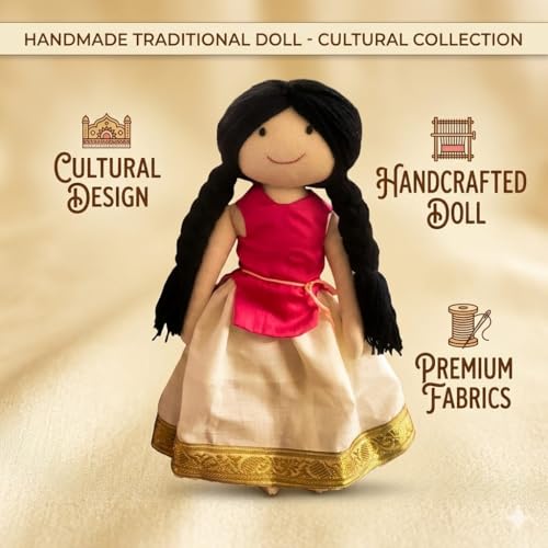 Image of Pink Kerala Girl Handcrafted Indian Rag Doll, Soft Cotton Fabric & Yarn Hair South Indian Cloth Doll, Traditional Handmade Doll for Kids, Home Decor & Gifting