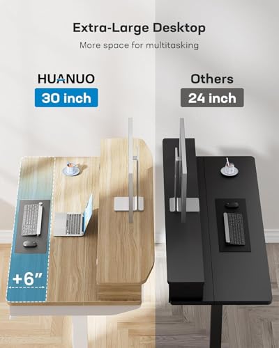 Image of HUANUO 55 x 30 inch Standing Desk with Wood Drawers,Electric Stand up Home Office Desk Adjustable Height with Two Tiers, Natural Ergonomic Stand up Desk with Monitor Stand