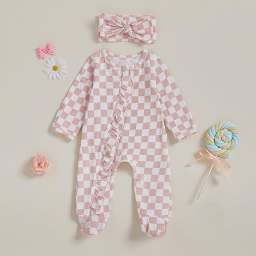 Karuedoo Newborn Baby Girl Clothes Checkered Ruffle Long Sleeve Zipper Footie Romper One-Piece Footed Jumpsuit Sleeper4