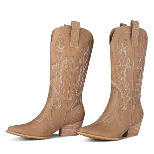 femflame Womens Cowboy Boots for Women Pointed Toe Chunky Heel Mid Calf Cowgirl Boot Embroidered Western Boots4