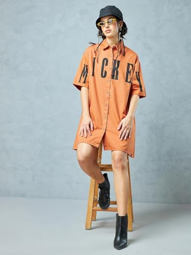 Bewakoof Official Disney Merchandise Women's Graphic Printed Oversized Fit Half Sleeve Collared Cotton Twill Shirt Dress 603368 Orange L