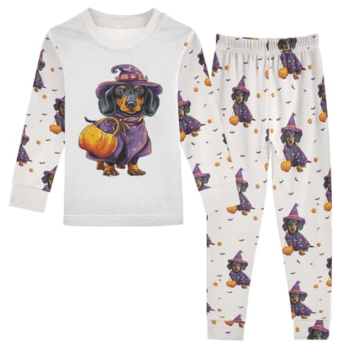 Fustylead Halloween Dachshund and Pumpkin Cotton Pajamas 2-Piece Long Sleeve Sleepwear Matching Set