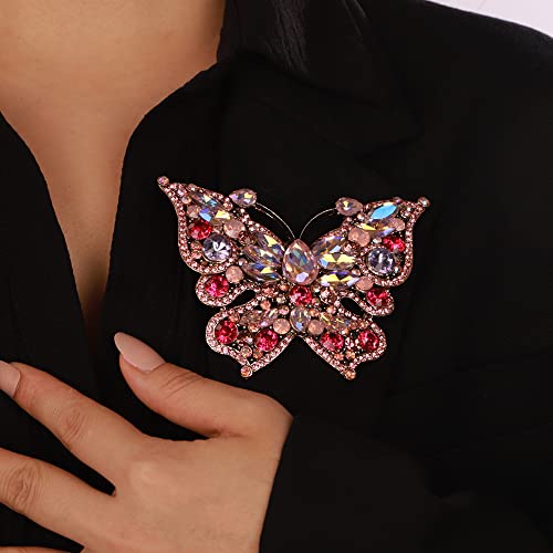 Image of Wedding Bridal Big Gold Butterfly Brooch with Wine Red Crystals Unisex Bling Brooch Pin