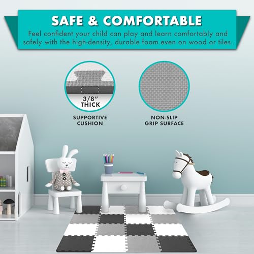 Image of ProSource Baby Play Mat, Soft Foam Floor Tiles for Kids, Interlocking EVA Panels for Playpen Use, Crawling Development Surface, Safe Non-Toxic Toddler Flooring, 16 Tiles, Black /Gray /White