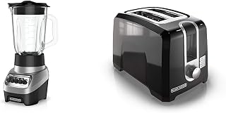 BLACK+DECKER PowerCrush Multi-Function Blender with 6-Cup Glass Jar, 4 Speed Settings, Silver & 2-Slice Extra Wide Slot Toaster, One Size