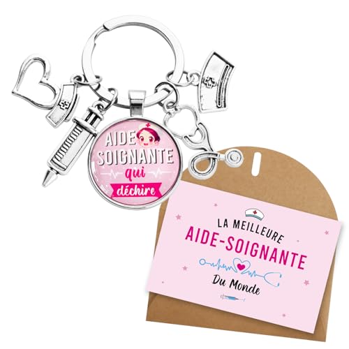 BOOMTOP - Kit de Cadeau Aide-soignante Porte-clé Aide Soignante qui Déchire Stéthoscope Seringue Pendentif Porte-clef Breloques Cabochon et Carte de Vœux avec Enveloppe pour Fête Noël Anniversaire Nouvel An