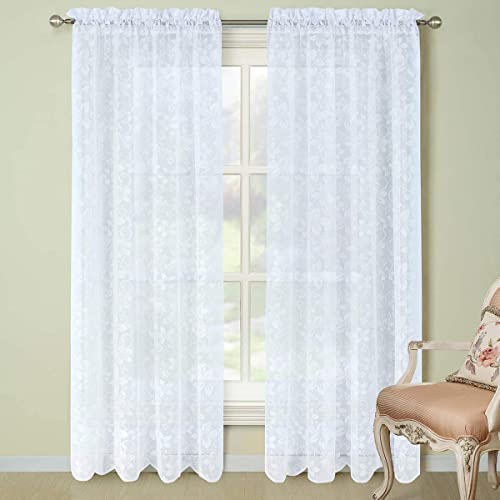 Ds Bath Bauhinia Scalloped Lace Window Curtain,Rod Pocket Knitting Curtains,Floral Panels For Living Room,Solid Translucent Panels For Bedroom,2Pcs Panel:each 54"W X 84"H,Total Size:108"W X 84"H-White #TOP18
