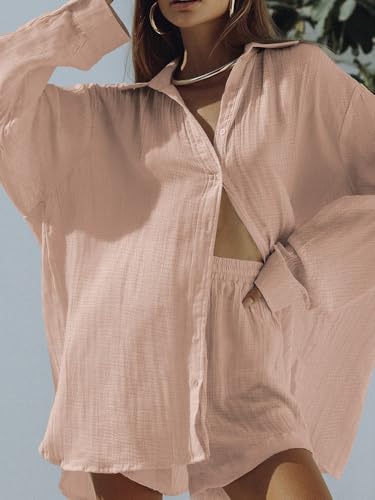 Image of Fixmatti Women 2 Piece Outfits Long Sleeve Button Down Blouse and Shorts Sweatsuit Sets