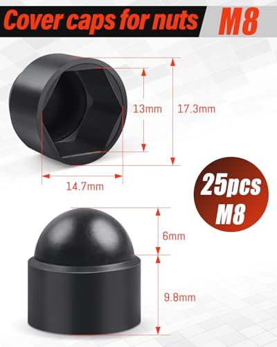 Jeboler Kunststoffkappen Schraubenkappen M8, 25 Stück Schwarz Schutzkappen für Schrauben M8 (RAL 9005), Abdeckkappen für Muttern Endkappen für Schrauben Sechskantmutter Kappe