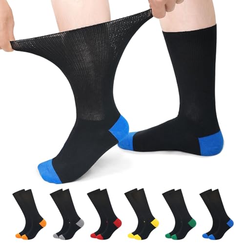 PUTUO Diabetic Socks for Women Men: Extra Wide Ladies Soft Top Socks for Swollen Feet - Non Elasticated Loose Fitting for Edema Pregnant Elderly 6 Pairs 9-11 Multicolor
