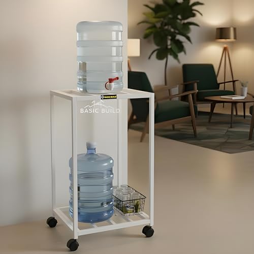 Image of 2-Tier Metal Water Dispenser Stand with Lockable Wheels ? Heavy-Duty Frame Cart for 20?25L Bottles, Cans & Jars | Multifunctional Kitchen & Home Storage and Mobility Solution (White)
