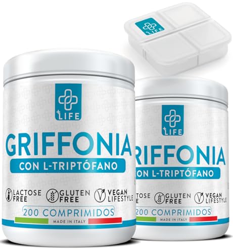 Griffonia 400mg Con Triptofano 80mg 400 Comprimidos PiùLife, Suplemento Natural Buen Humor, Para Conciliar El Sueño Y Dormir Bien Adultos, Reducir Estrés, Insomnio, Relax, Dosis Alta