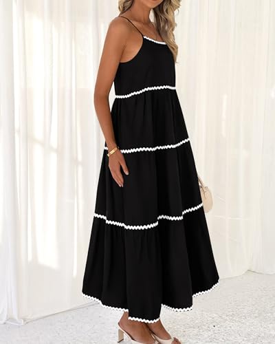 Image of BTFBM Boho Summer Dresses 2025 Spaghetti Strap Backless Sundress RIC Rac Trim Tiered A-Line Long Casual Vacation Dress