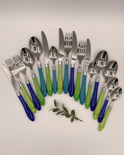 Image of Gypsy Color Sea Green & Blue Mix & Match Stainless Steel Flatware Collection, Set of 16