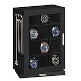 SONGMICS Uhrenbox mit 12 Fächer, Uhrenkasten mit Glasfenstern, 360° drehbar, vertikal, für Schmuck, Sonnenbrillen, Ringe, 10 Halskettenhaken, abnehmbare Kissen, Samtfutter, schwarz JWB028B01