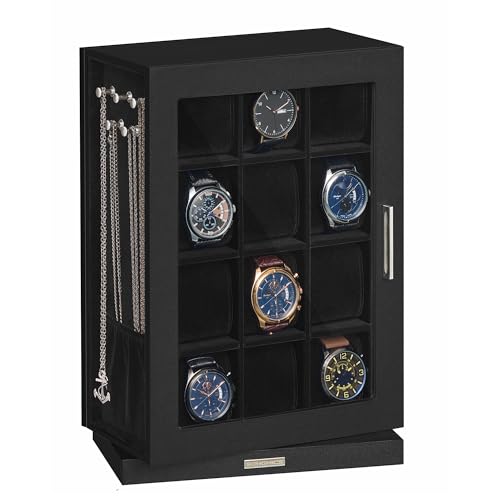 SONGMICS Uhrenbox mit 12 Fächer, Uhrenkasten mit Glasfenstern, 360° drehbar, vertikal, für Schmuck, Sonnenbrillen, Ringe, 10 Halskettenhaken,...