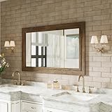Rustic Wall-Mounted Vanity Mirror, Solid Wood Frame Bathroom Mirror, Farmhouse Style for Living Room, Bedroom, Entryway, Horizontal/Vertical Hanging
