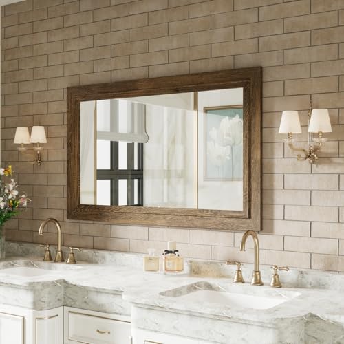 Rustic Wall-Mounted Vanity Mirror, Solid Wood Frame Bathroom Mirror, Farmhouse