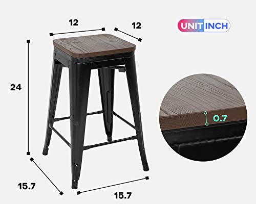 Image of FDW Metal Bar Stools Set of 4 Counter Height Bar Stools 24 Inches Industrial Bar Chairs Patio Stool Stackable Backless Stool Indoor Outdoor Metal Kitchen Stools Bar Chairs (Black with Wood, 24 inch)