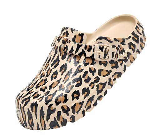 Amsatas Women's Clogs Mules Slip-on Nurse Shoes, Leopard Print