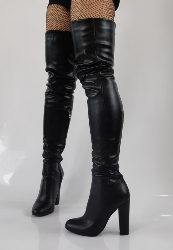 Damen Overknee Stiefel mit Mandelzeh Blockabsatz Boots Reißverschluss Überkniestiefel